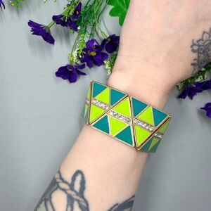 Geometric Style Gold and Green Vintage Stretch Bracelet with Crystal Accents